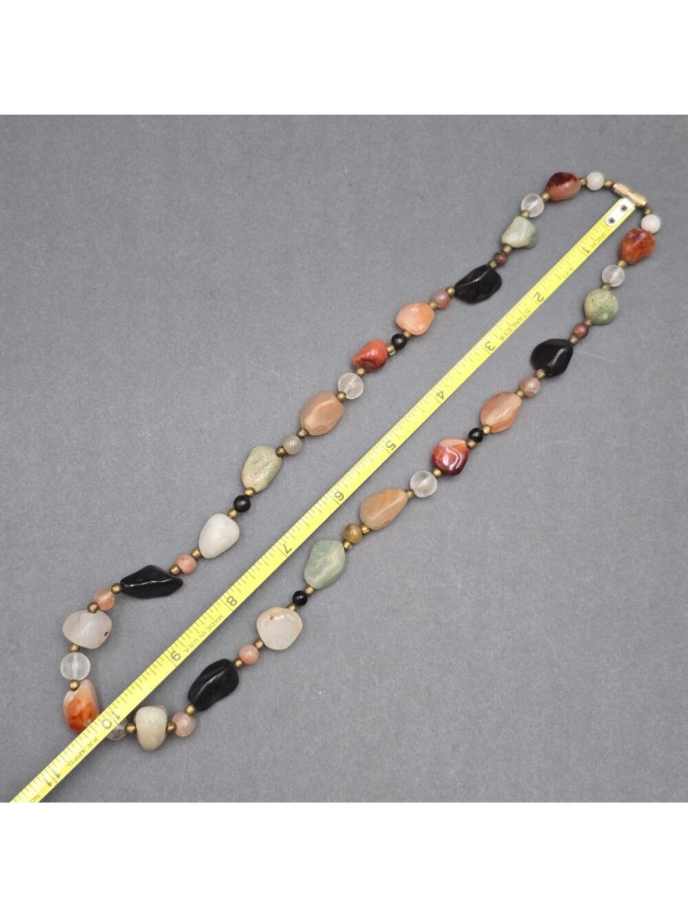 Vintage Multi Gemstone Beggar Bead Necklace 20" Natural Stone Brass Accents - Picture 9 of 11